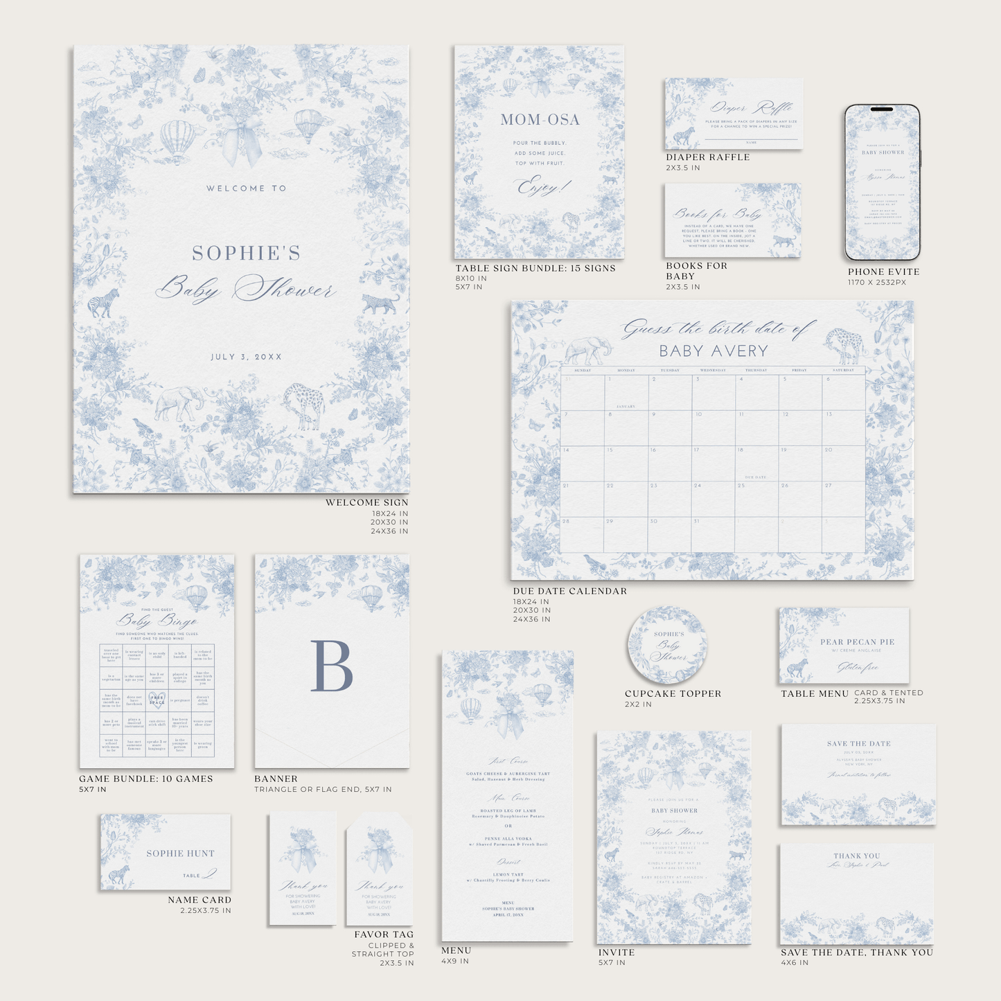 French Blue Safari Toile Baby Shower Collection - House of Paper Blooms