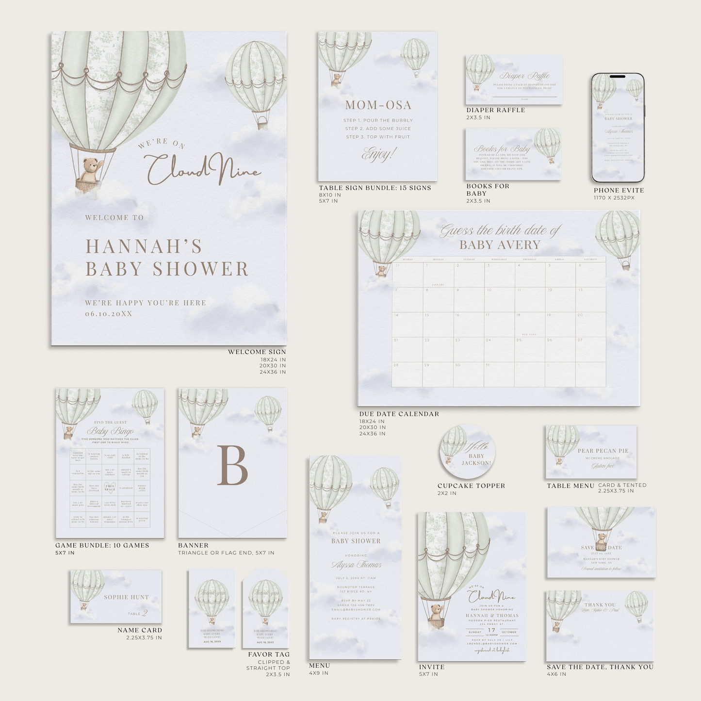 Sage Green Hot Air Balloon Baby Shower Collection - House of Paper Blooms