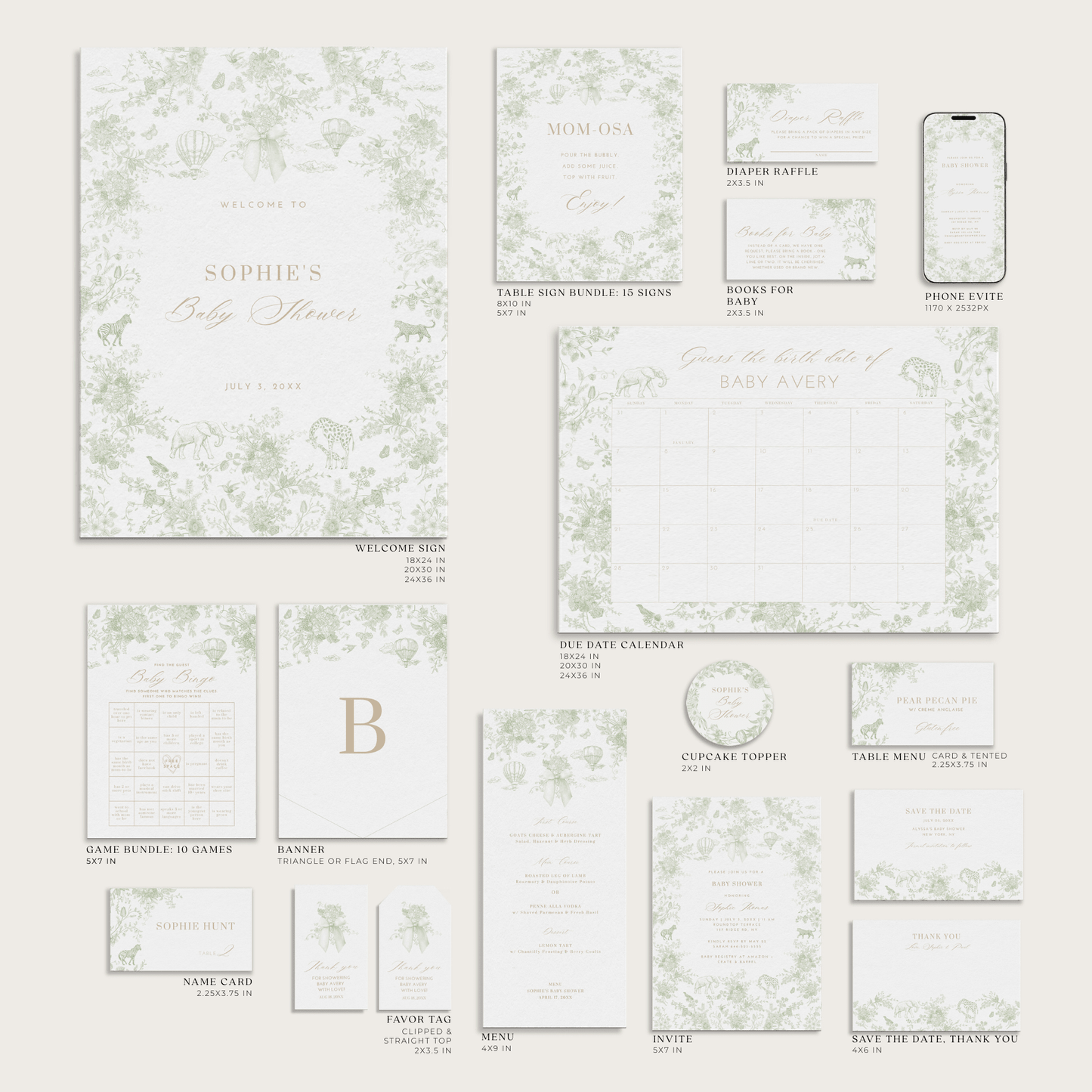 Sage Green Safari Toile Baby Shower Collection - House of Paper Blooms