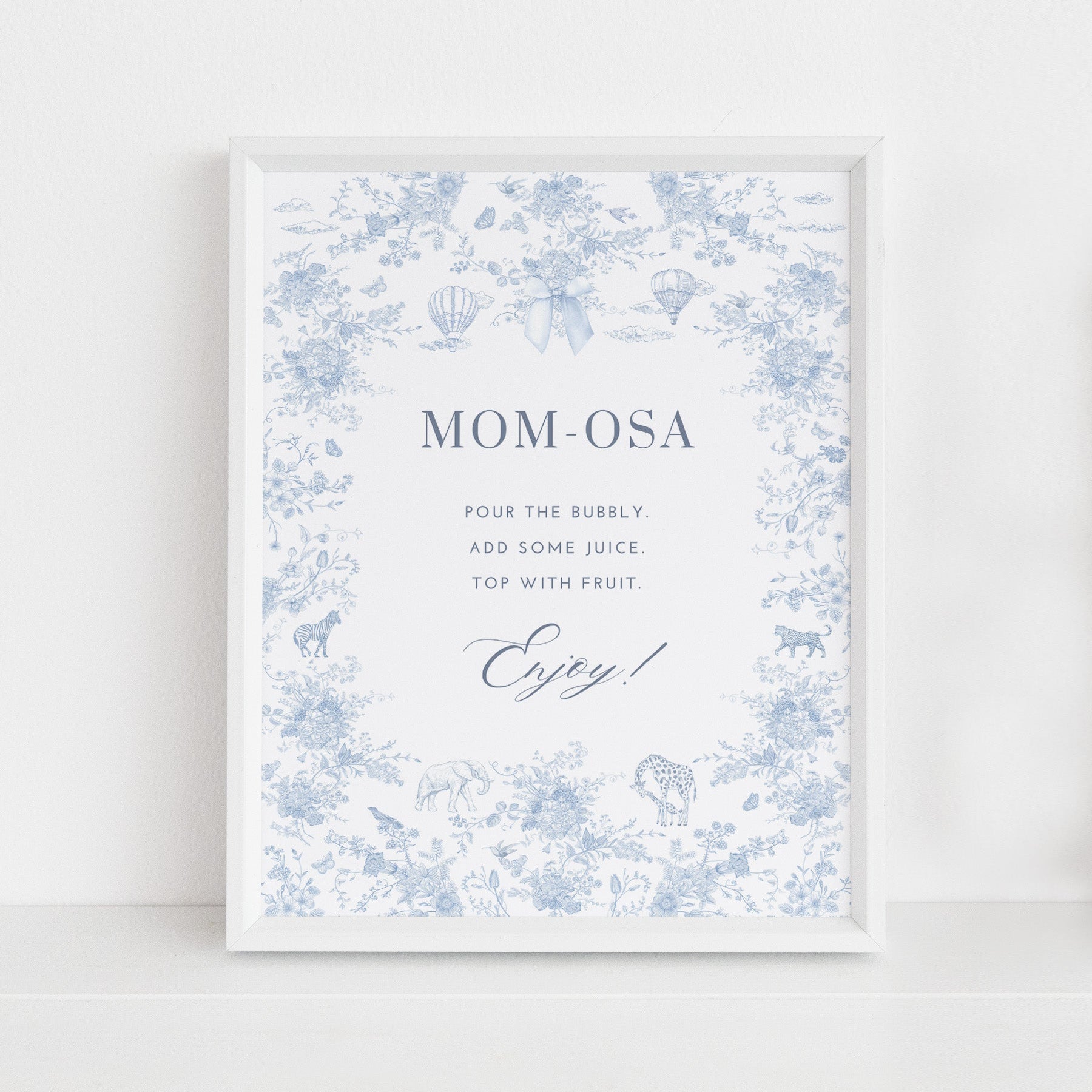 Blue Toile de Jouy with floral design Table Sign with white frame on a white background