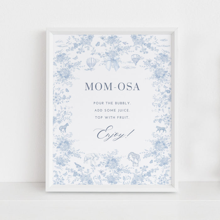 Blue Toile de Jouy with floral design Table Sign with white frame on a white background