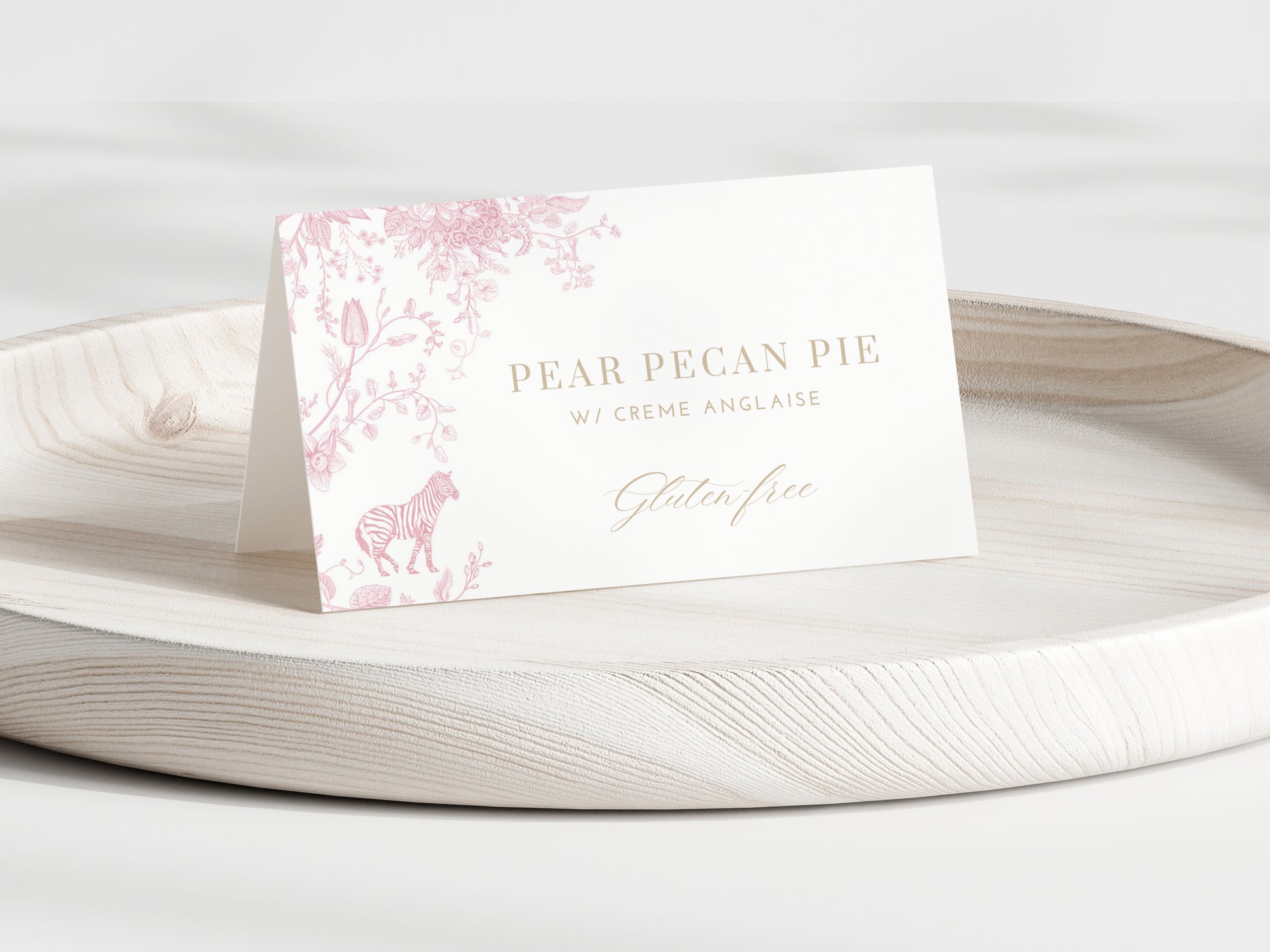 Editable Menu Tent Card reading 'Pear Pecan Pie' on a decorative plate with pink floral design
