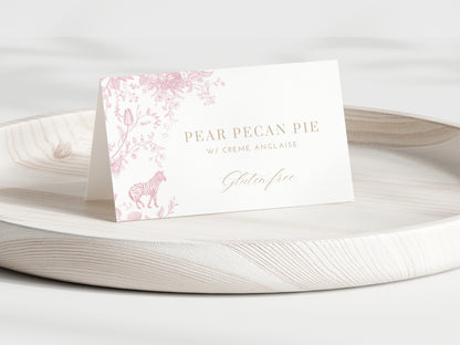 Editable Menu Tent Card reading 'Pear Pecan Pie' on a decorative plate with pink floral design