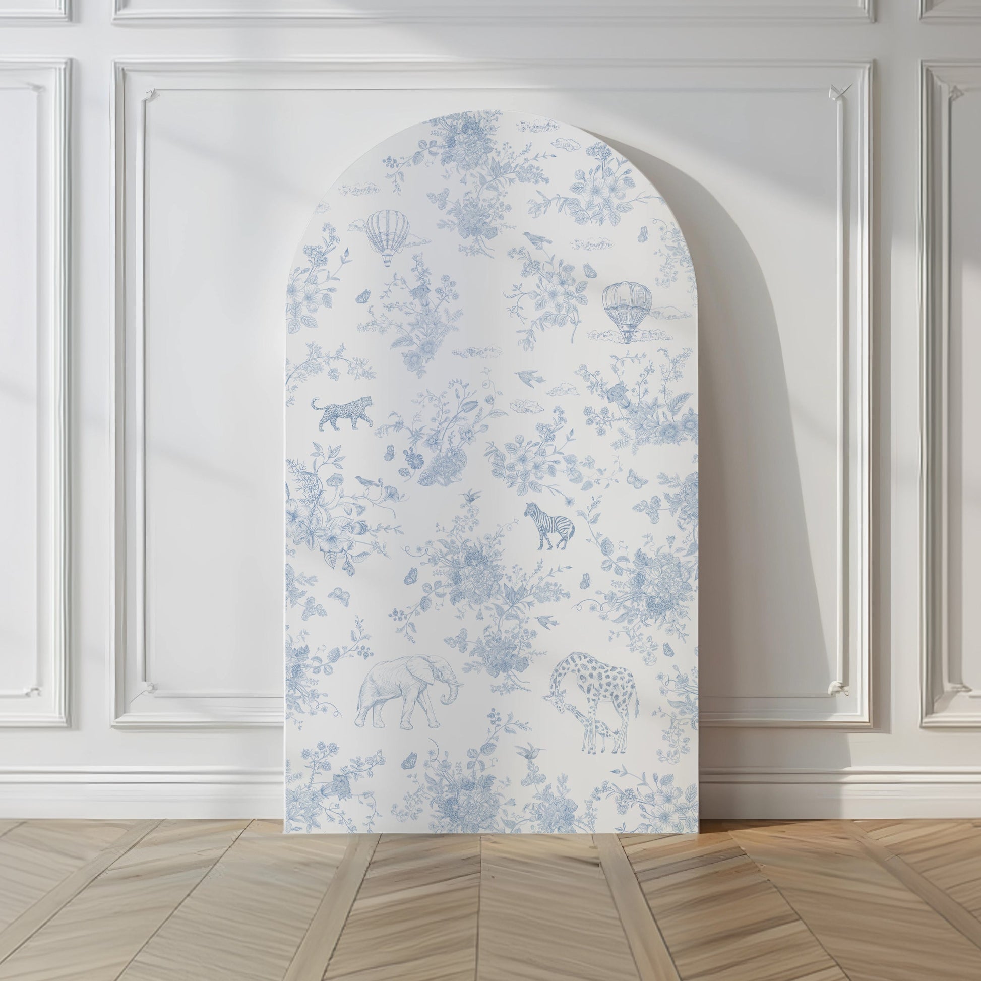 Decorative backrop with floral pattern on a wall with paneling
