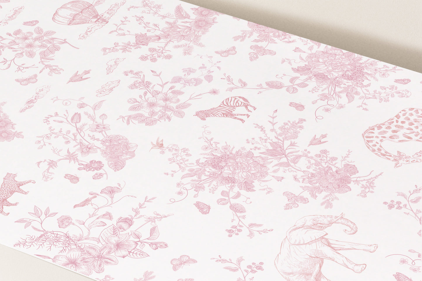 Floral and animal patterned paper with pink and white design