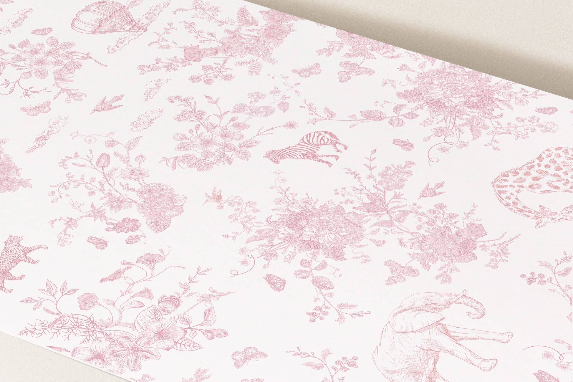 Floral and animal patterned paper with pink and white design