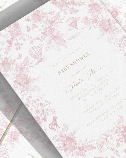 Pink Safari Toile Baby Shower Bundle - Invitations, Signs, Games & More | Canva Templates