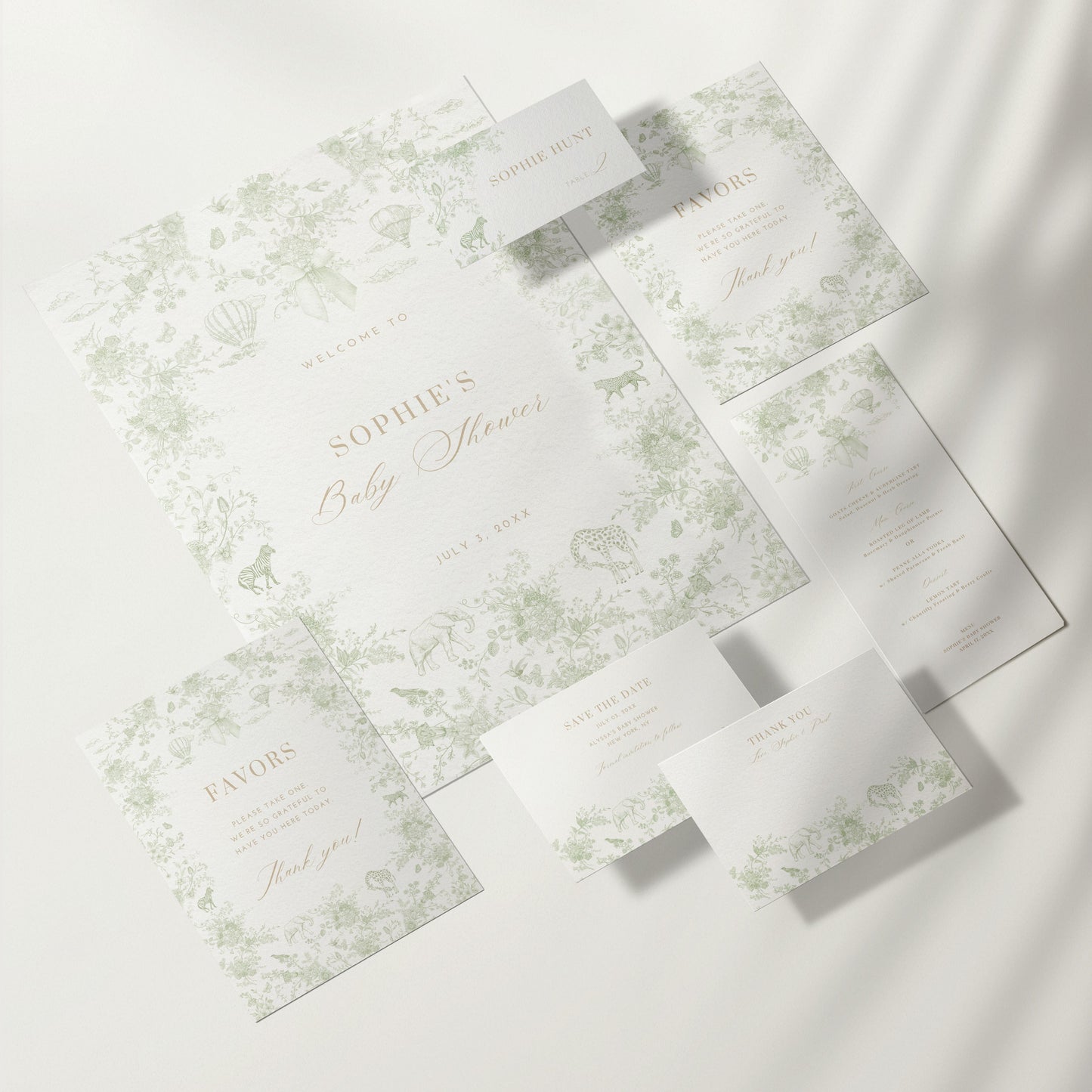 Green Safari Toile Baby Shower Bundle - Invitations, Signs, Games & More | Canva Templates