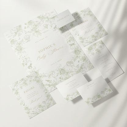 Green Safari Toile Baby Shower Bundle - Invitations, Signs, Games & More | Canva Templates