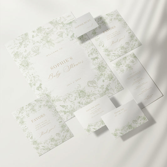Green Safari Toile Baby Shower Bundle - Invitations, Signs, Games & More | Canva Templates