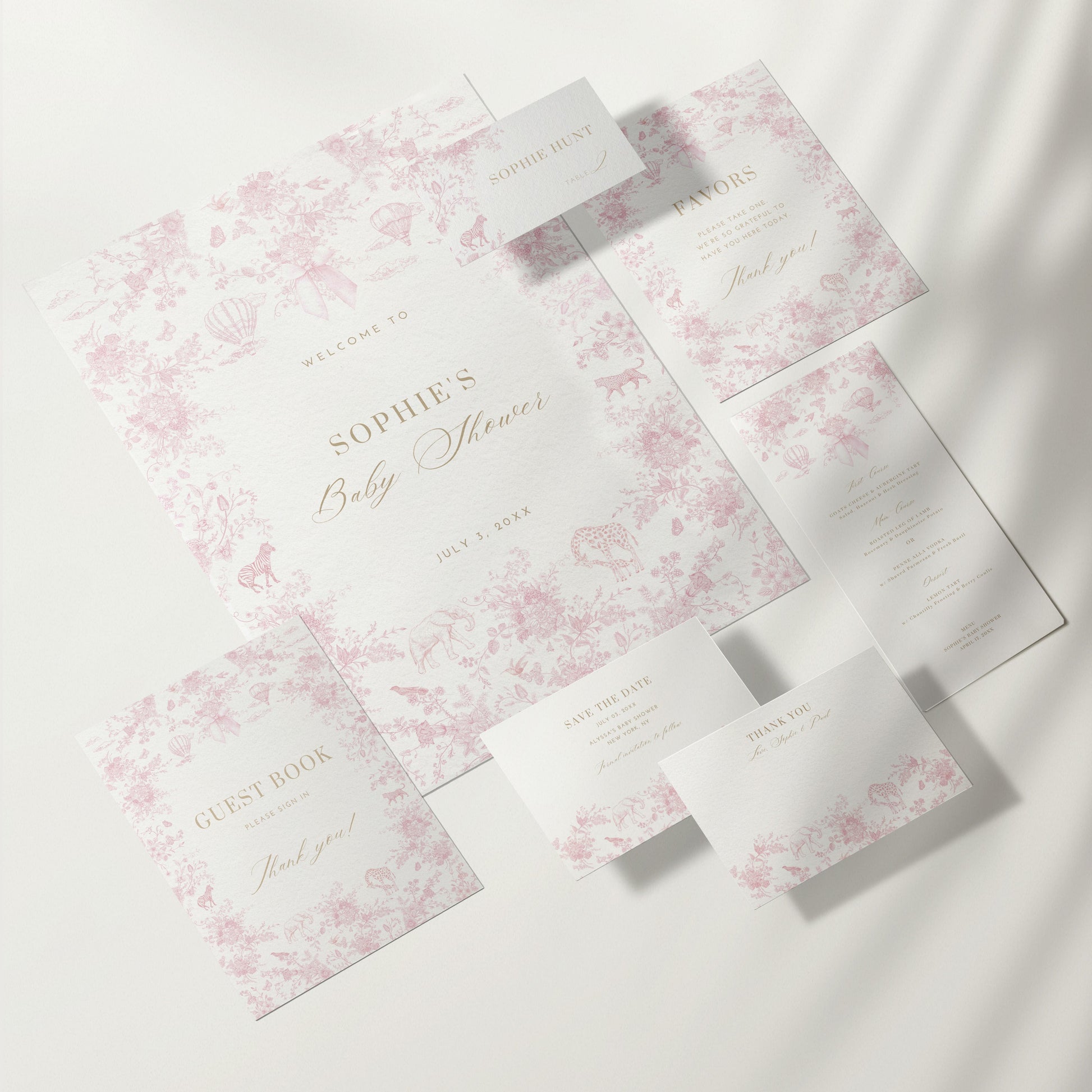 Pink Floral baby shower invitation set on a white background