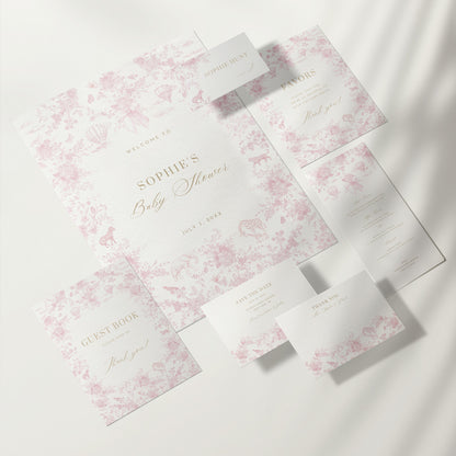 Pink Floral baby shower invitation set on a white background