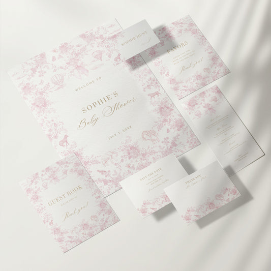 Pink Floral baby shower invitation set on a white background
