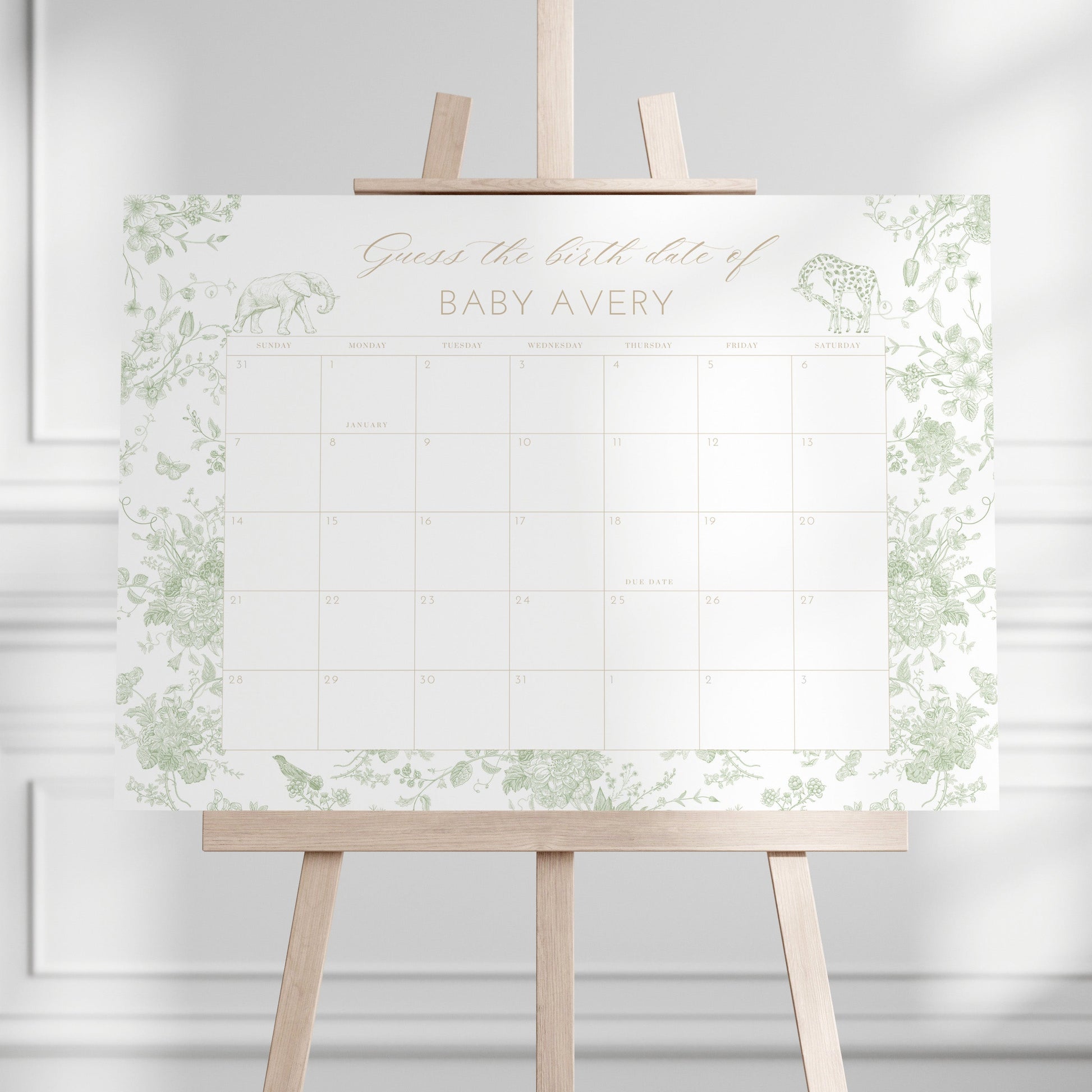 Due Date Calendar on an easel sitting infront of a light gray wall
