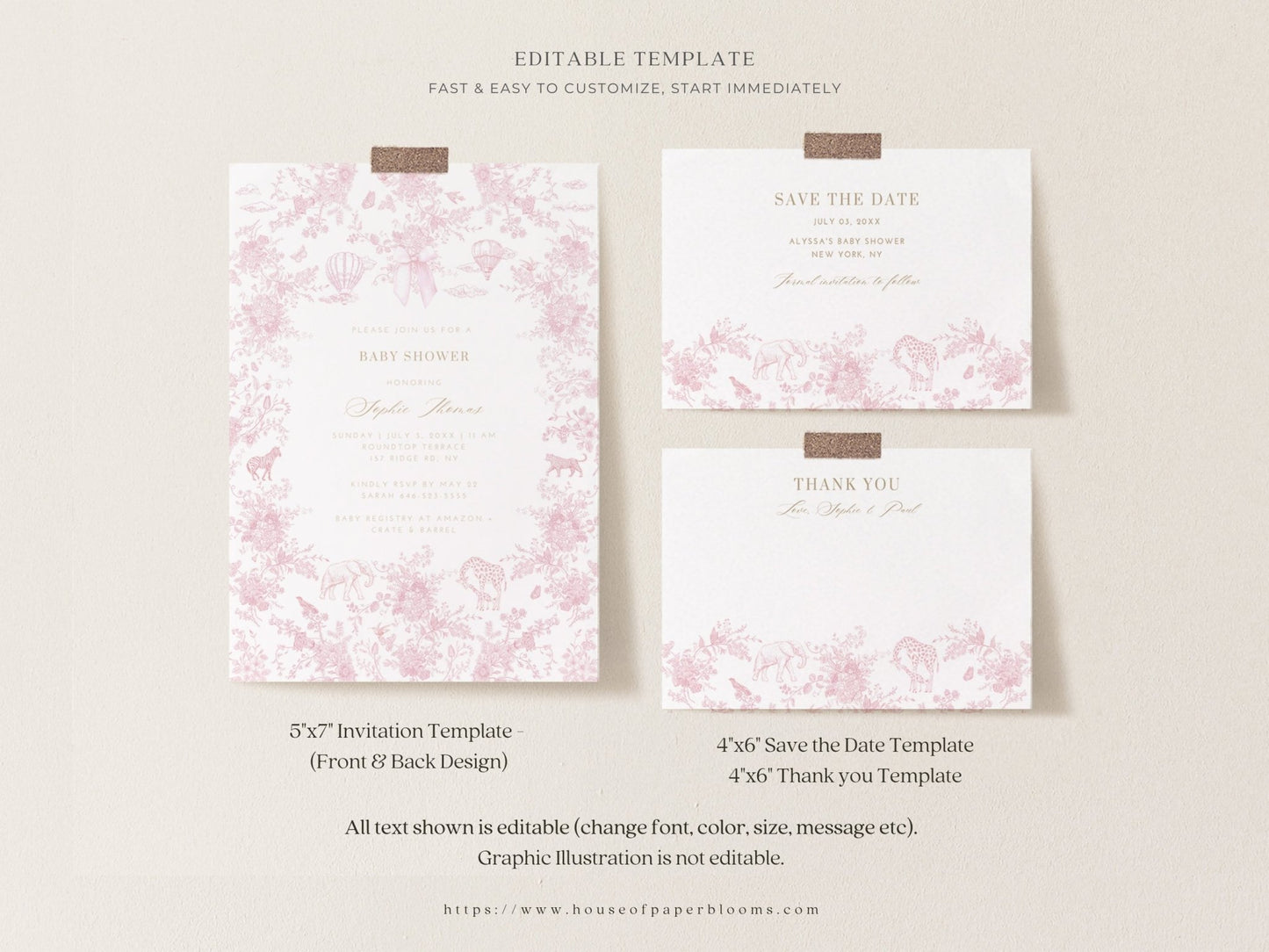 Blush Pink Safari Toile Baby Shower Collection - House of Paper Blooms