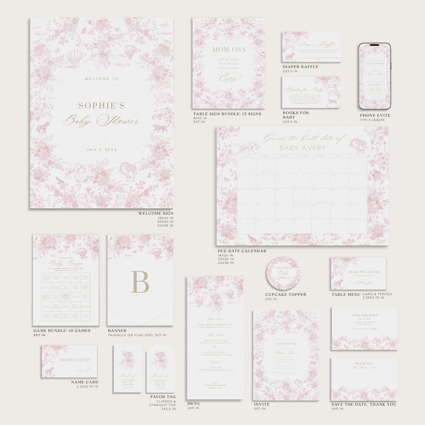 Blush Pink Safari Toile Baby Shower Collection - House of Paper Blooms