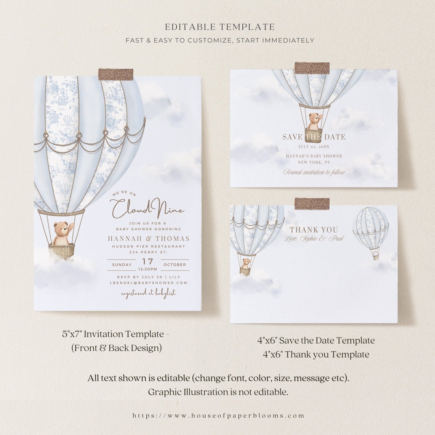 French Blue Hot Air Balloon Baby Shower Collection - House of Paper Blooms