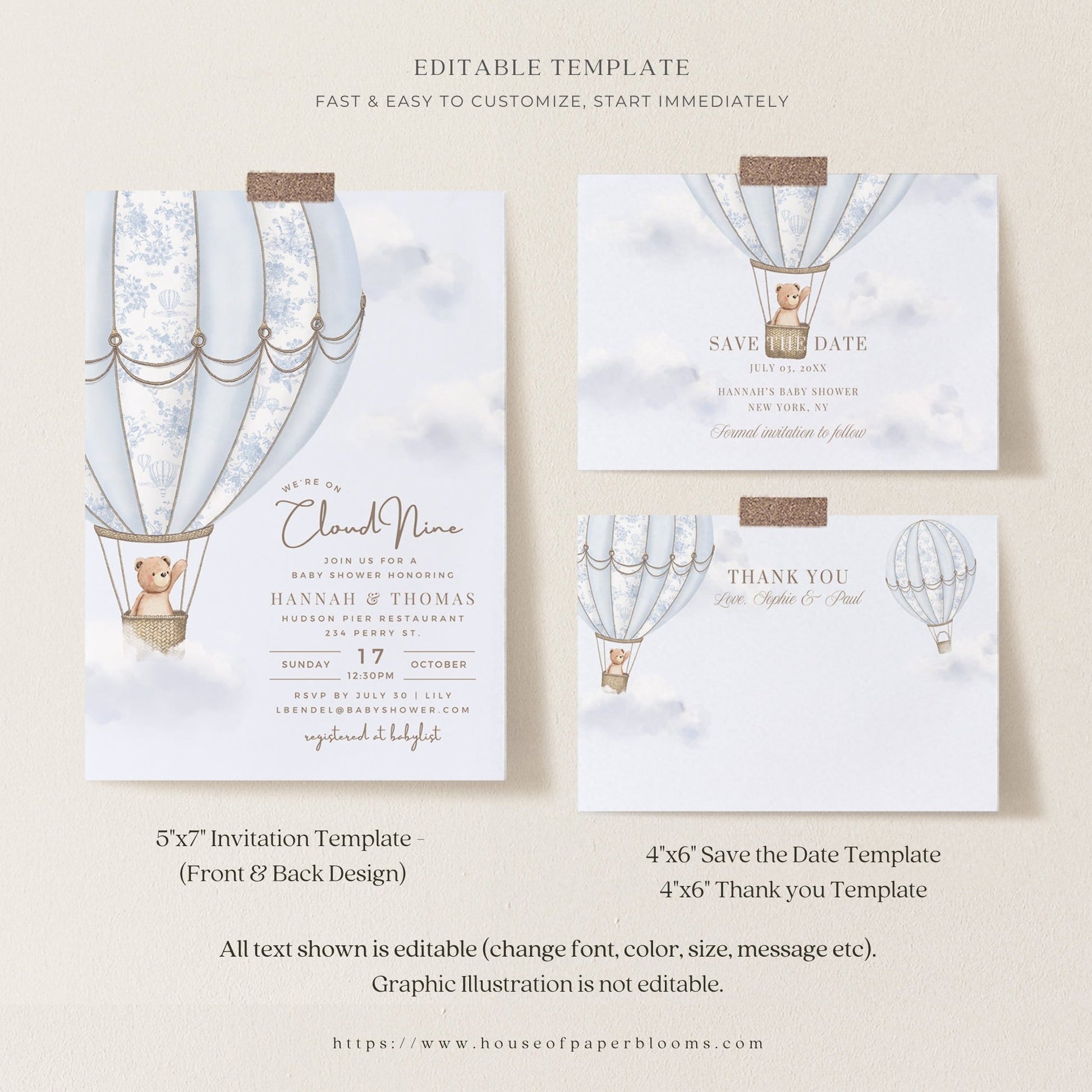 French Blue Hot Air Balloon Baby Shower Collection - House of Paper Blooms
