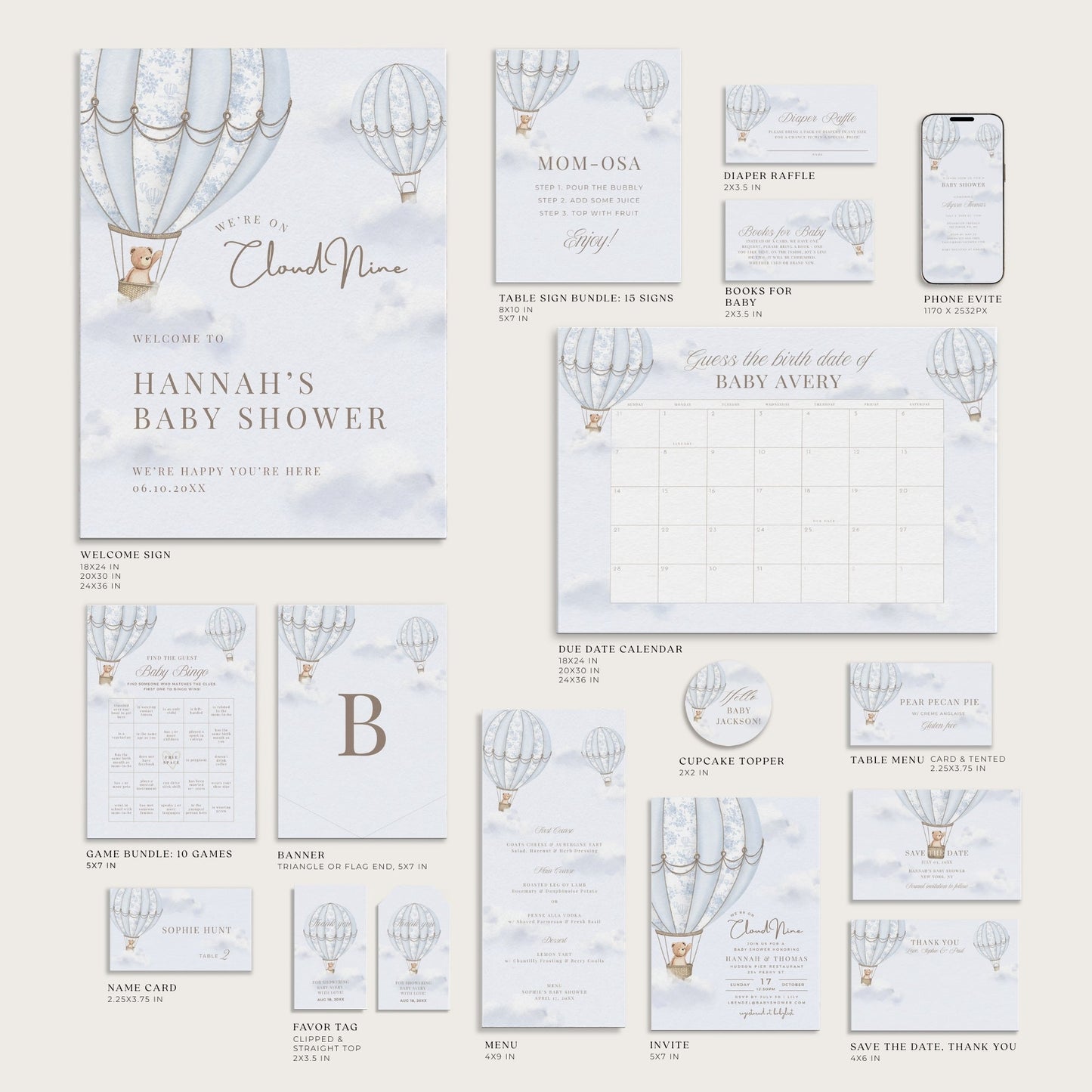 French Blue Hot Air Balloon Baby Shower Collection - House of Paper Blooms