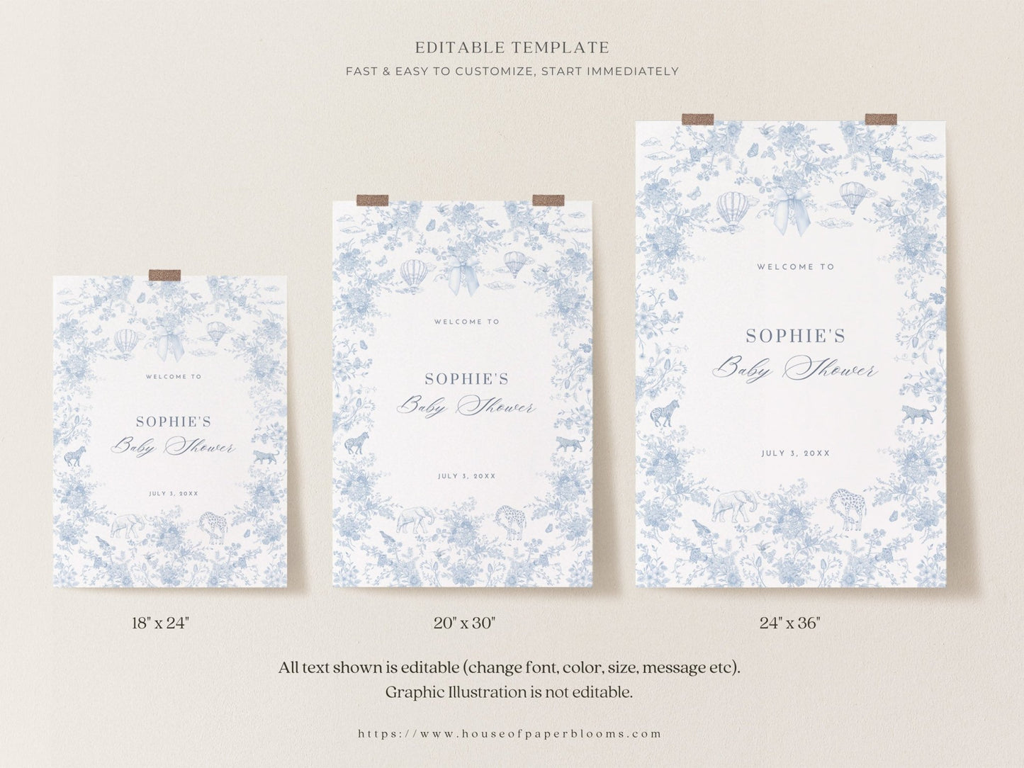 French Blue Safari Toile Baby Shower Collection - House of Paper Blooms