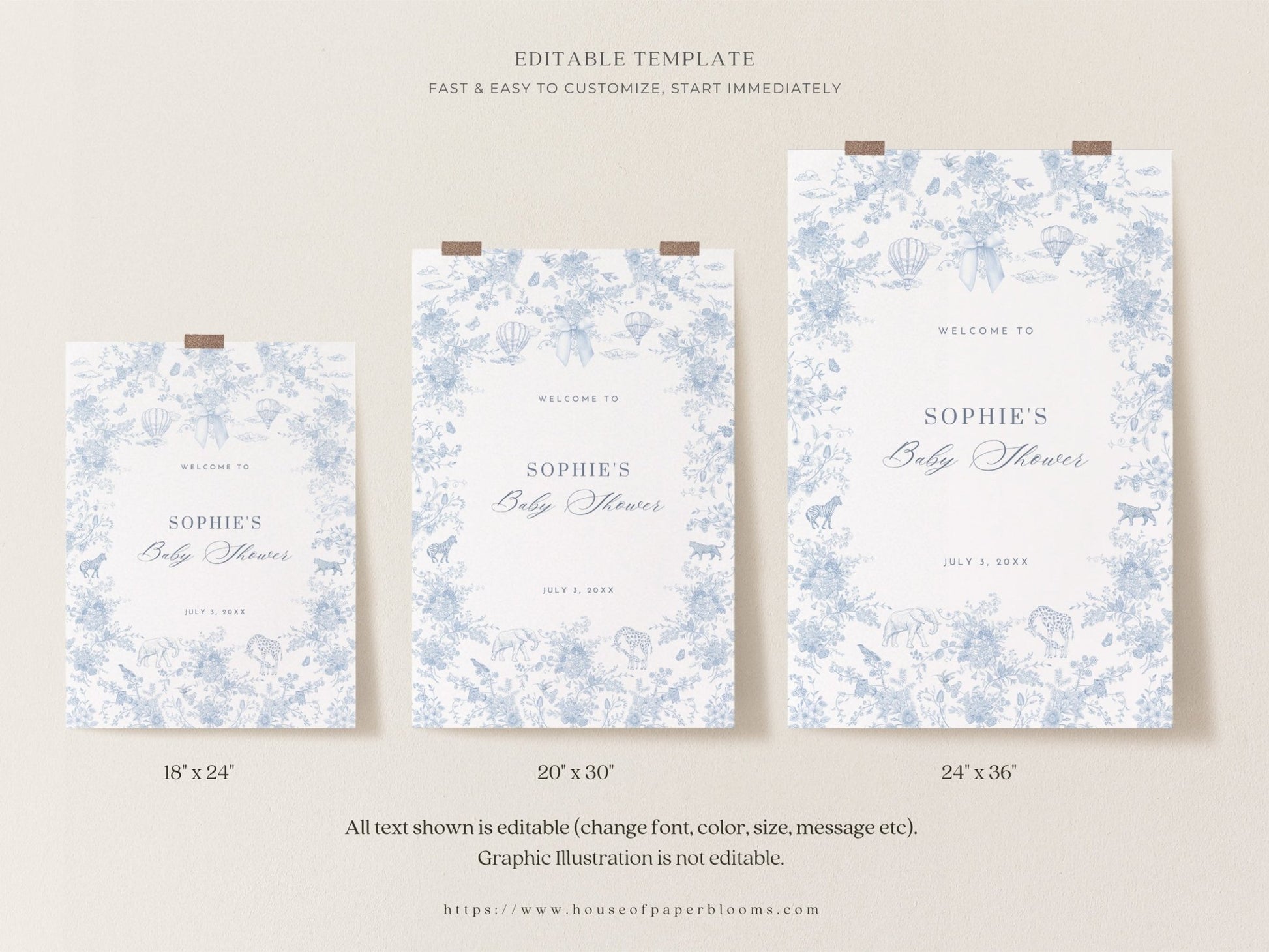 French Blue Safari Toile Baby Shower Collection - House of Paper Blooms