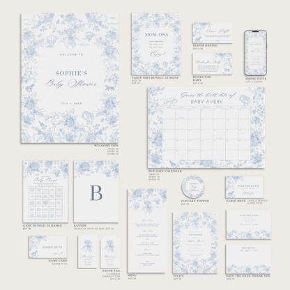 French Blue Safari Toile Baby Shower Collection - House of Paper Blooms