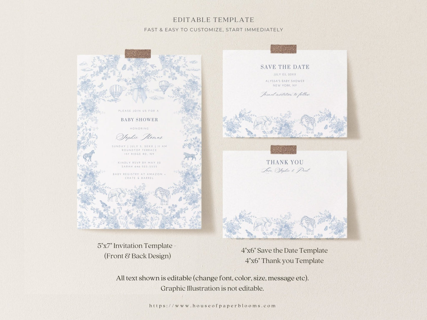 French Blue Safari Toile Baby Shower Collection - House of Paper Blooms