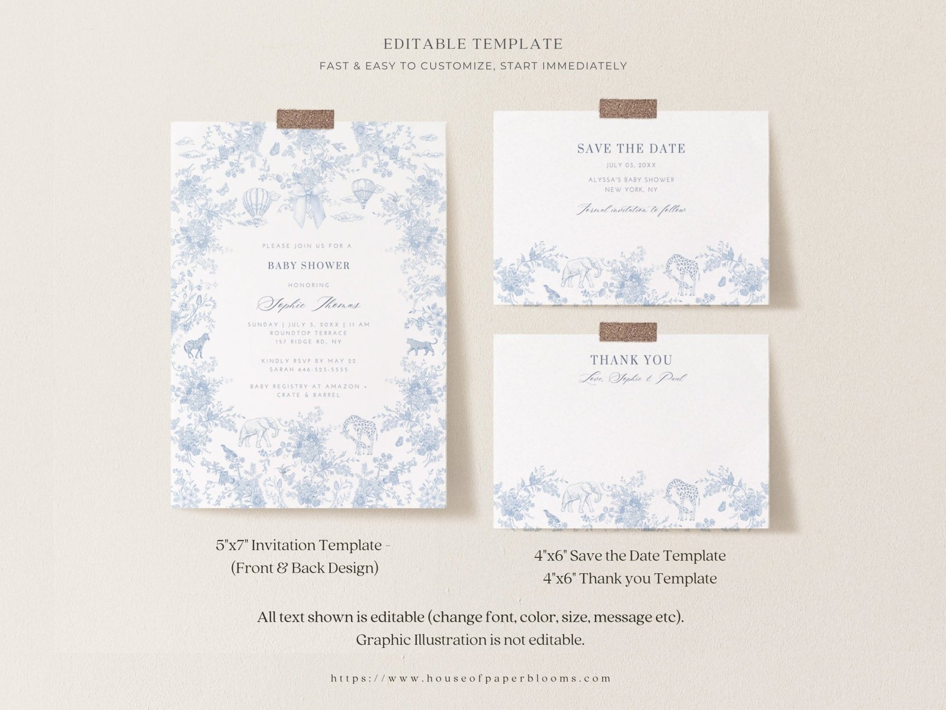 French Blue Safari Toile Baby Shower Collection - House of Paper Blooms