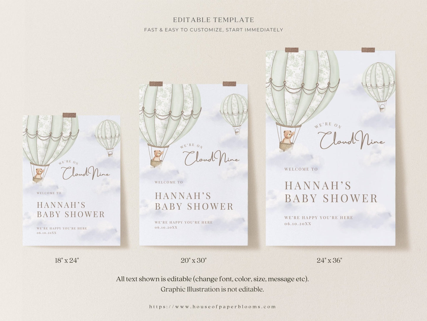 Sage Green Hot Air Balloon Baby Shower Collection - House of Paper Blooms