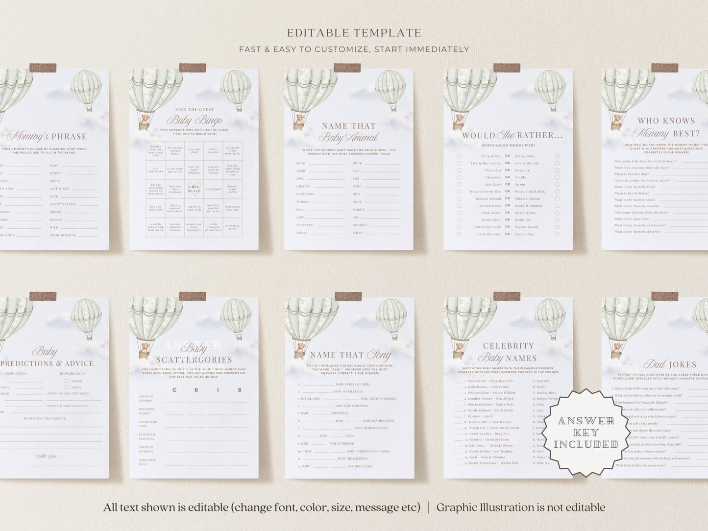 Sage Green Hot Air Balloon Baby Shower Collection - House of Paper Blooms