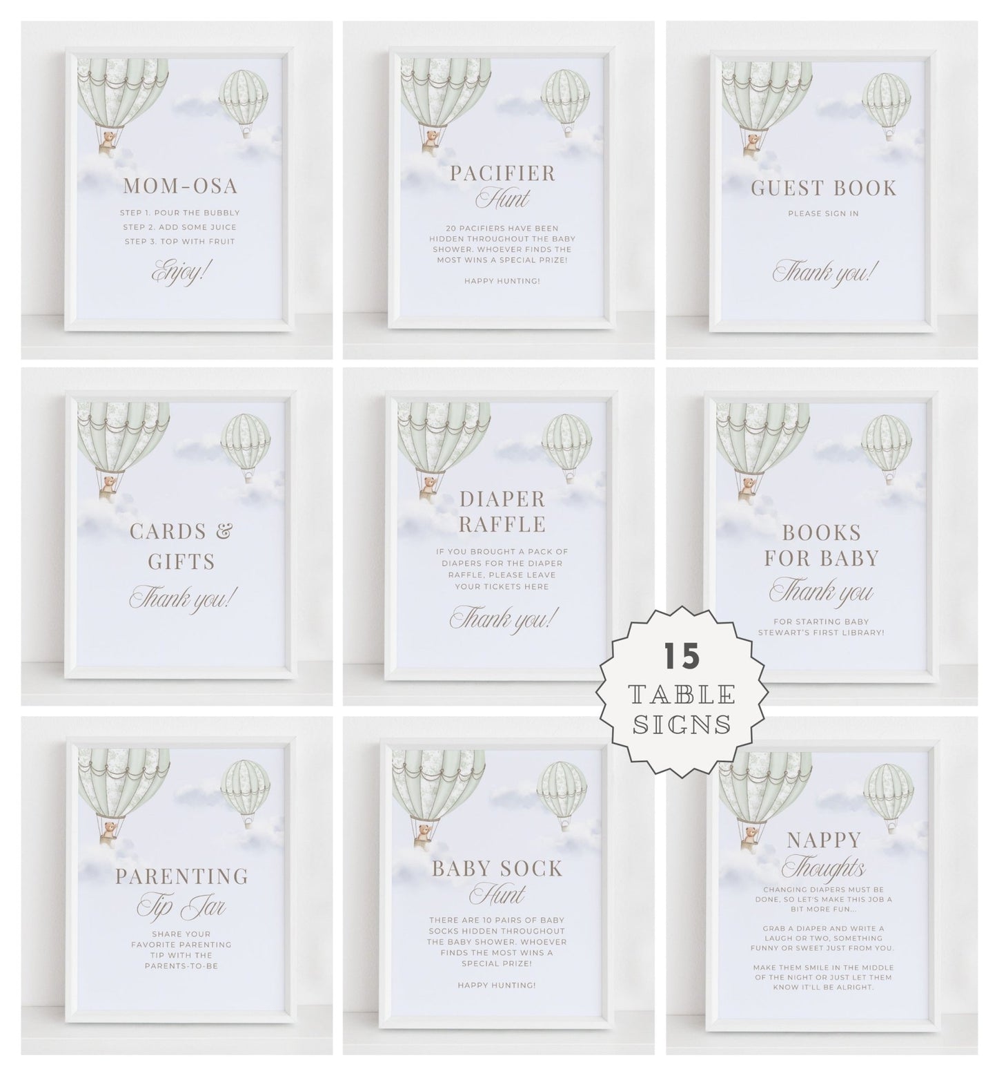 Sage Green Hot Air Balloon Baby Shower Collection - House of Paper Blooms