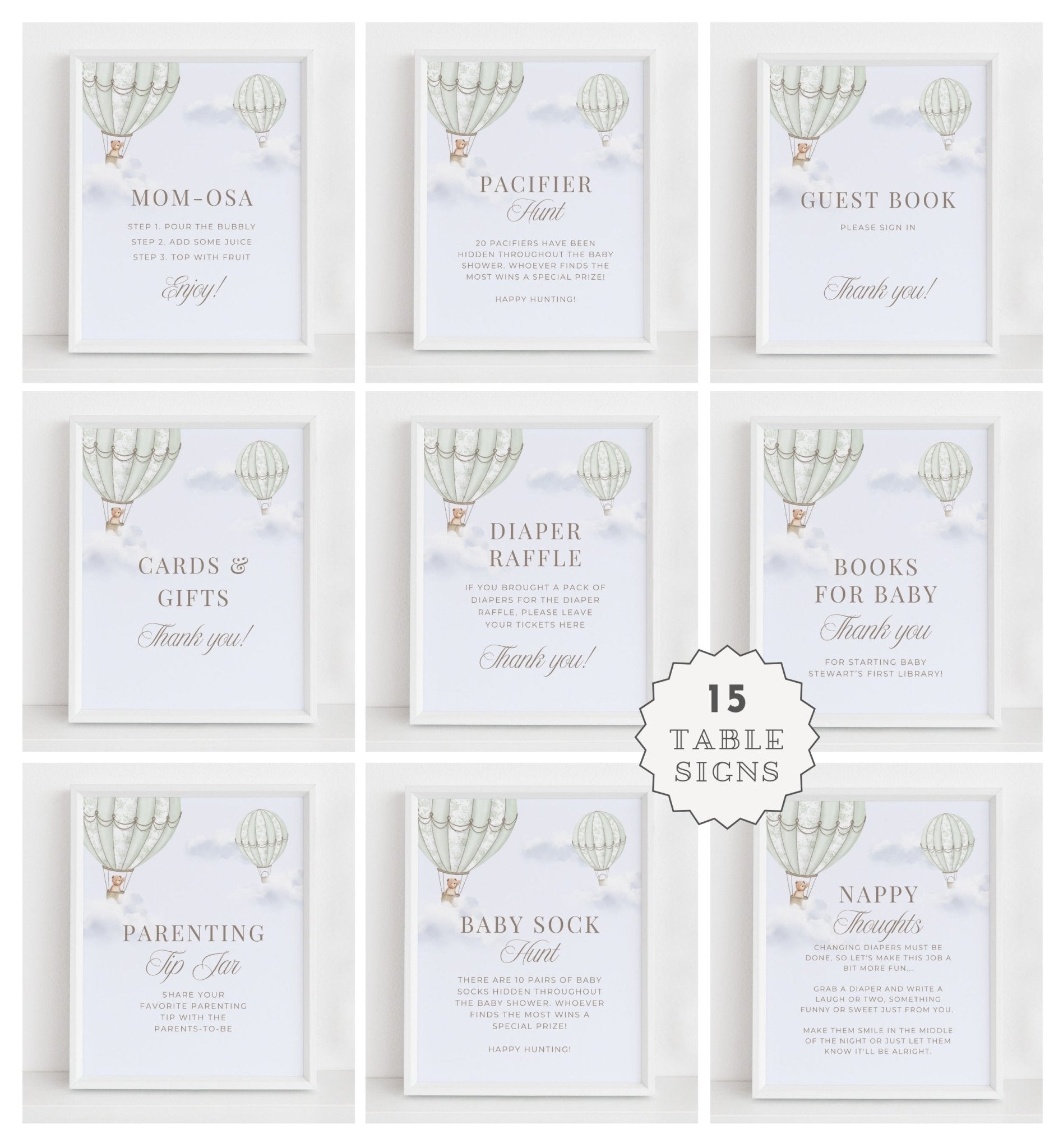 Sage Green Hot Air Balloon Baby Shower Collection - House of Paper Blooms