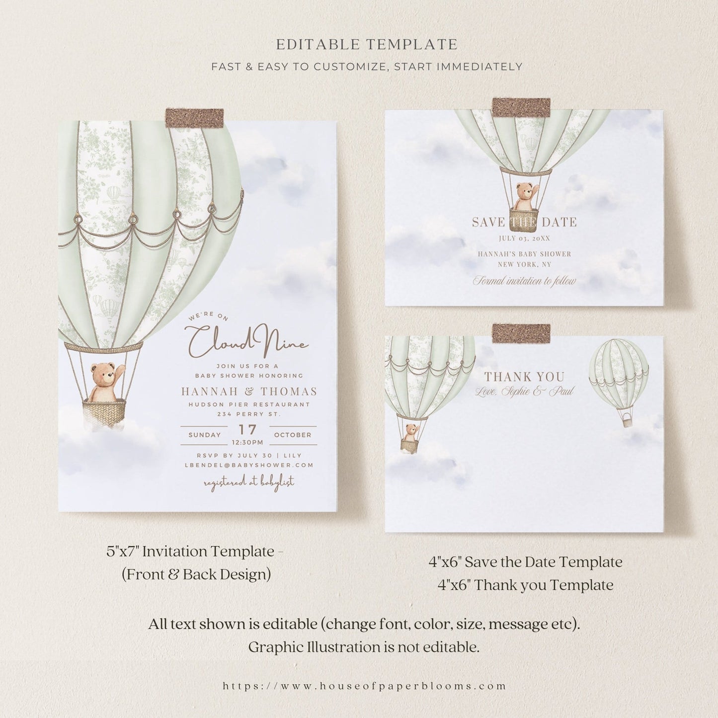 Sage Green Hot Air Balloon Baby Shower Collection - House of Paper Blooms