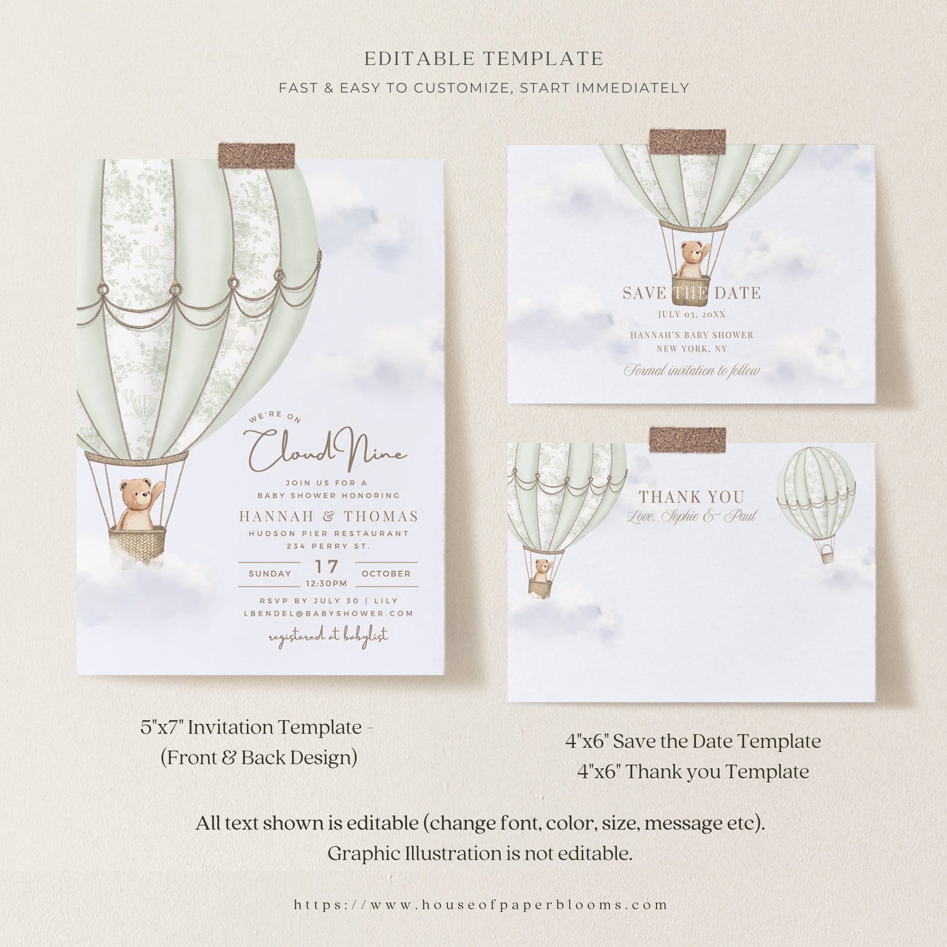 Sage Green Hot Air Balloon Baby Shower Collection - House of Paper Blooms