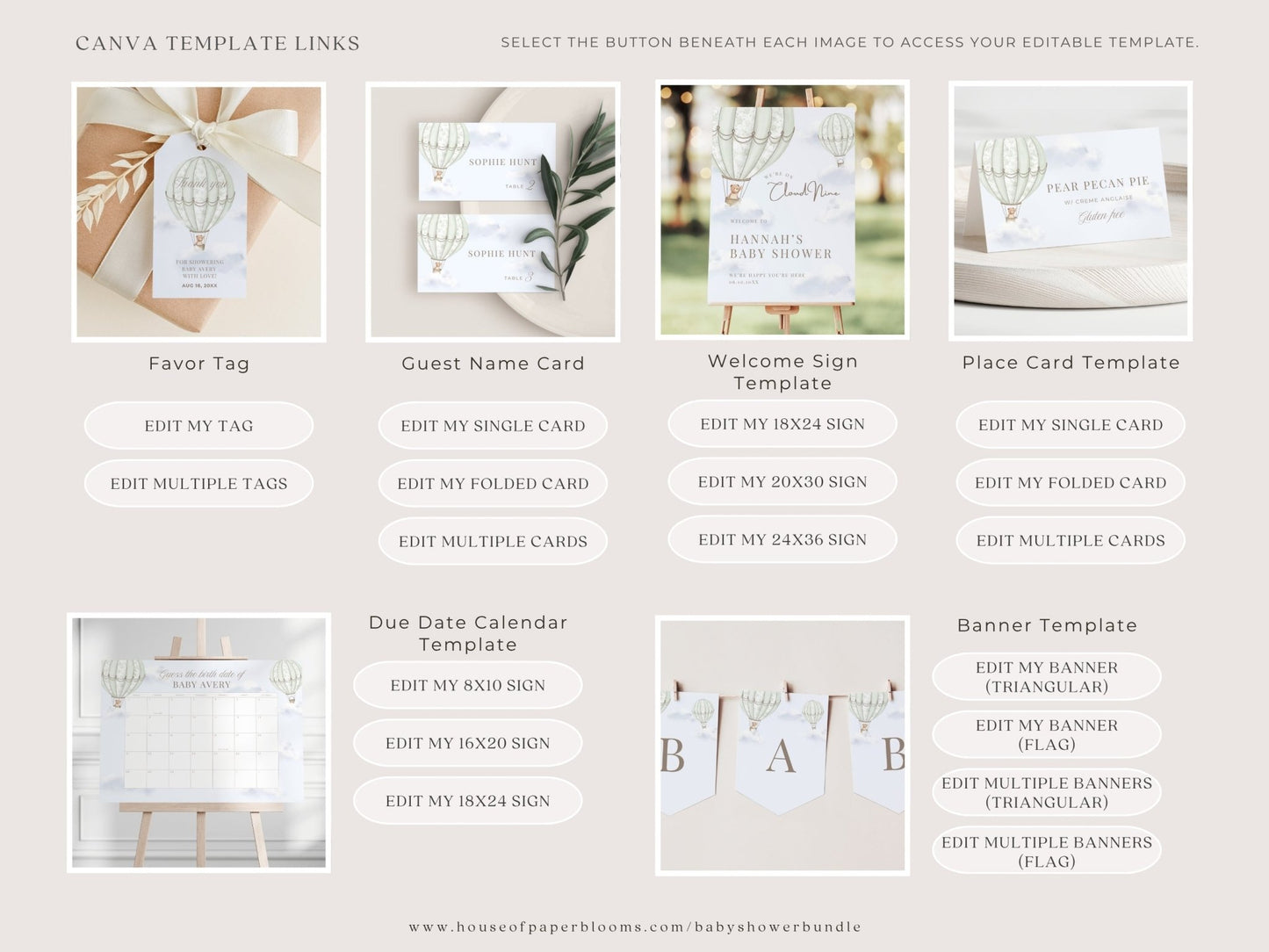 Sage Green Hot Air Balloon Baby Shower Collection - House of Paper Blooms