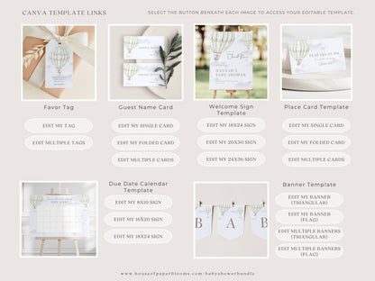 Sage Green Hot Air Balloon Baby Shower Collection - House of Paper Blooms