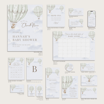 Sage Green Hot Air Balloon Baby Shower Collection - House of Paper Blooms
