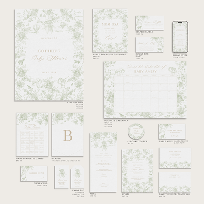 Sage Green Safari Toile Baby Shower Collection - House of Paper Blooms