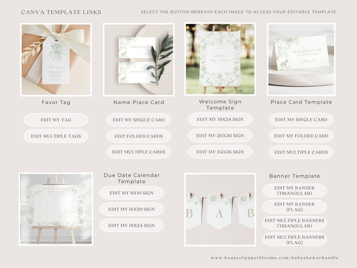 Sage Green Safari Toile Baby Shower Collection - House of Paper Blooms
