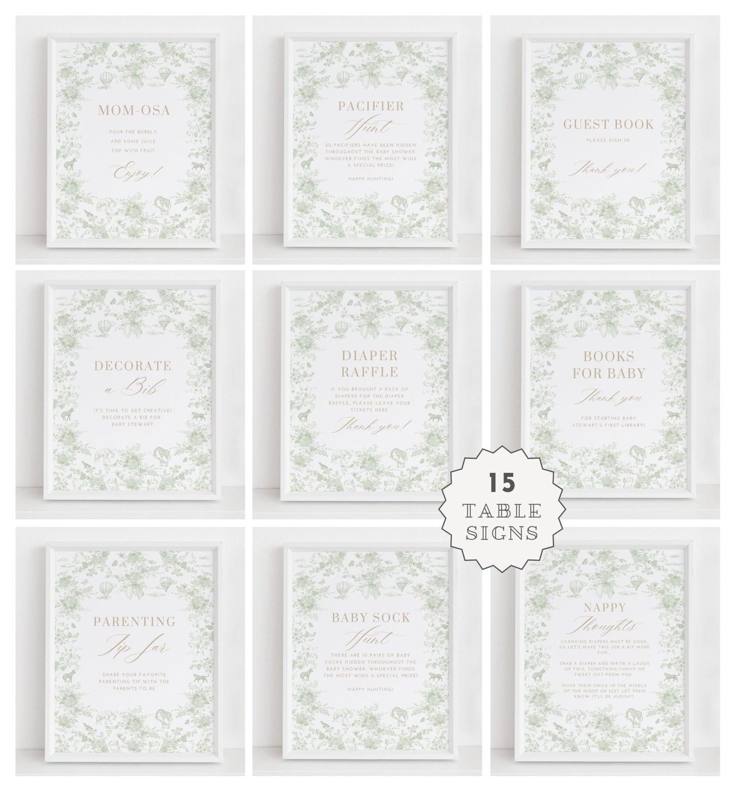Sage Green Safari Toile Baby Shower Collection - House of Paper Blooms