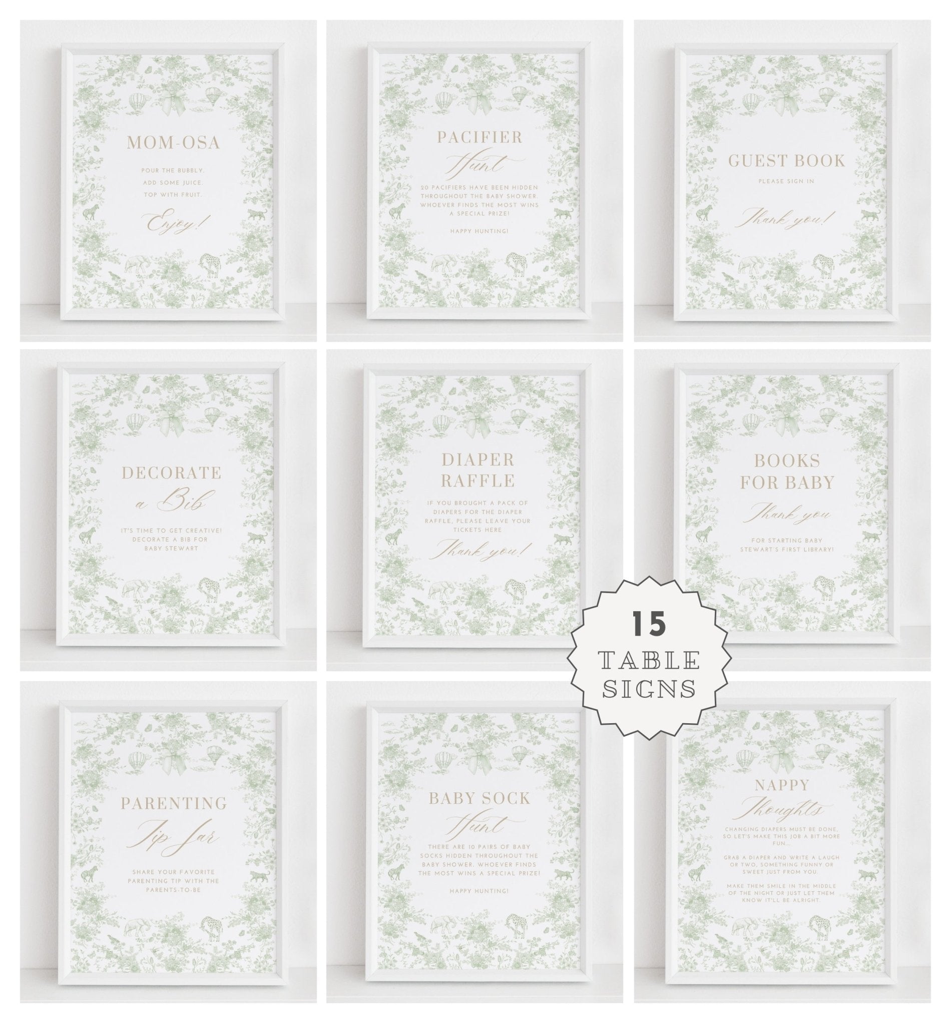 Sage Green Safari Toile Baby Shower Collection - House of Paper Blooms
