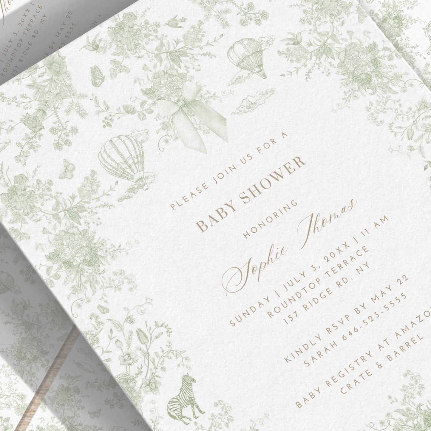 Sage Green Safari Toile Baby Shower Collection - House of Paper Blooms