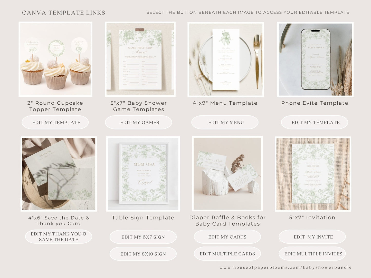 Sage Green Safari Toile Baby Shower Collection - House of Paper Blooms