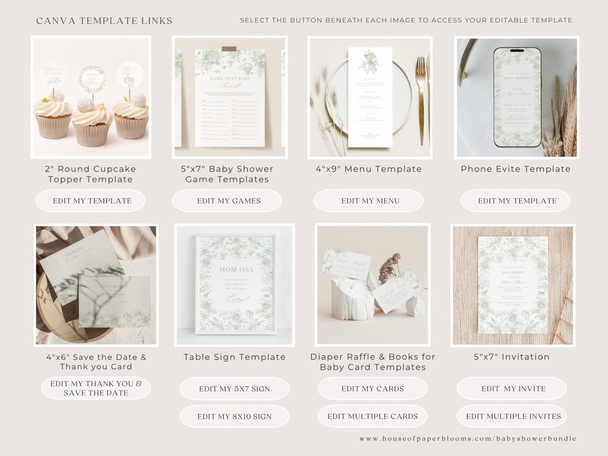 Sage Green Safari Toile Baby Shower Collection - House of Paper Blooms