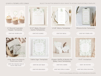 Sage Green Safari Toile Baby Shower Collection - House of Paper Blooms