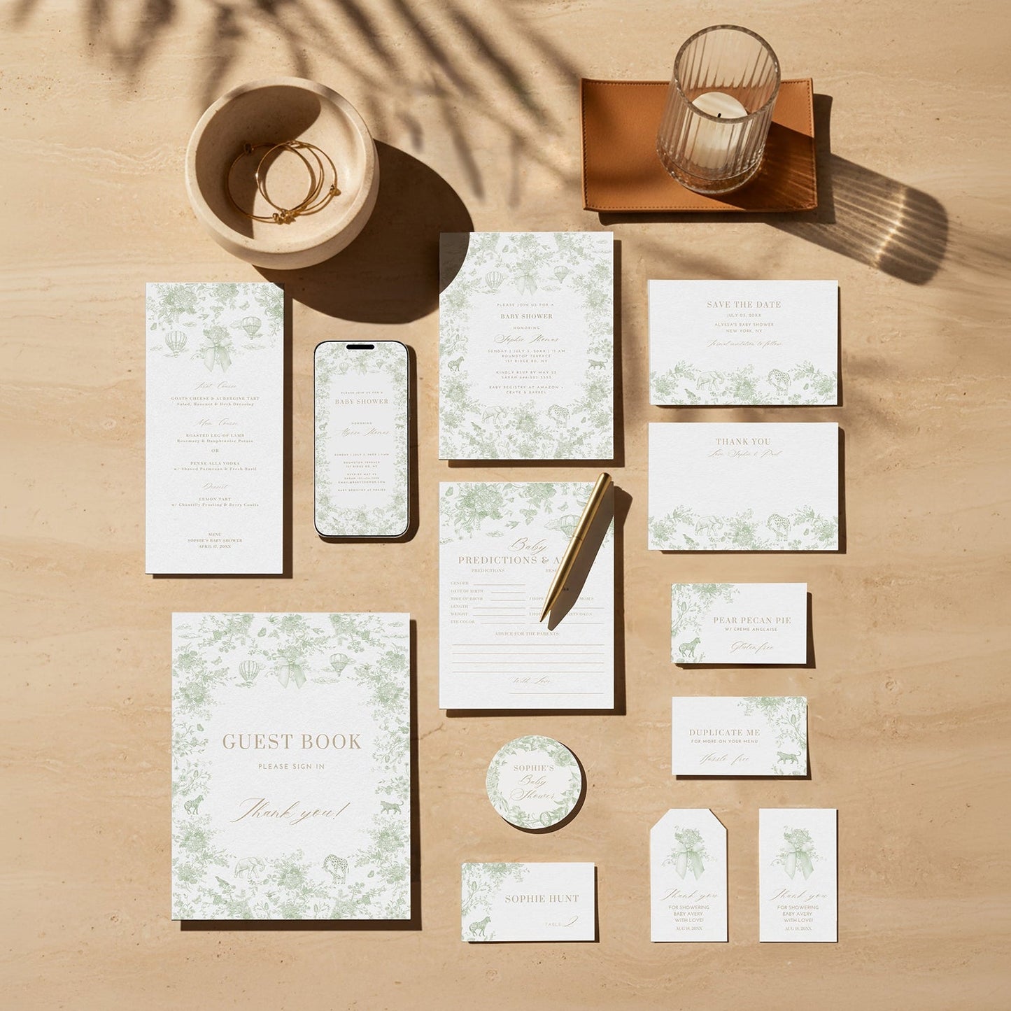 Sage Green Safari Toile Baby Shower Collection - House of Paper Blooms