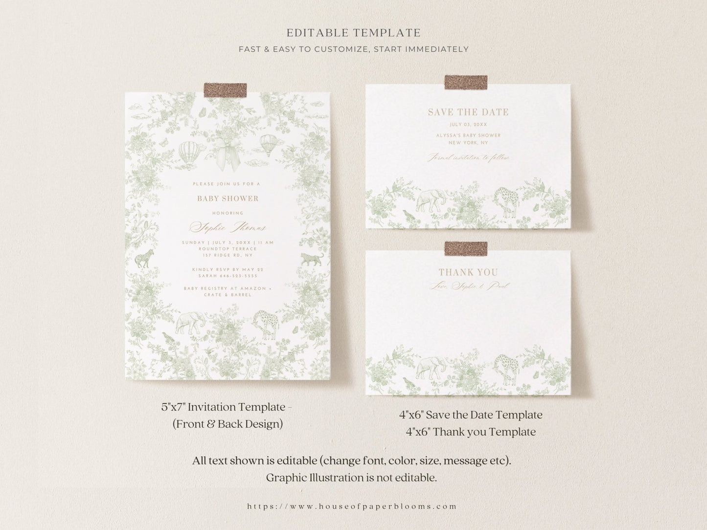 Sage Green Safari Toile Baby Shower Collection - House of Paper Blooms