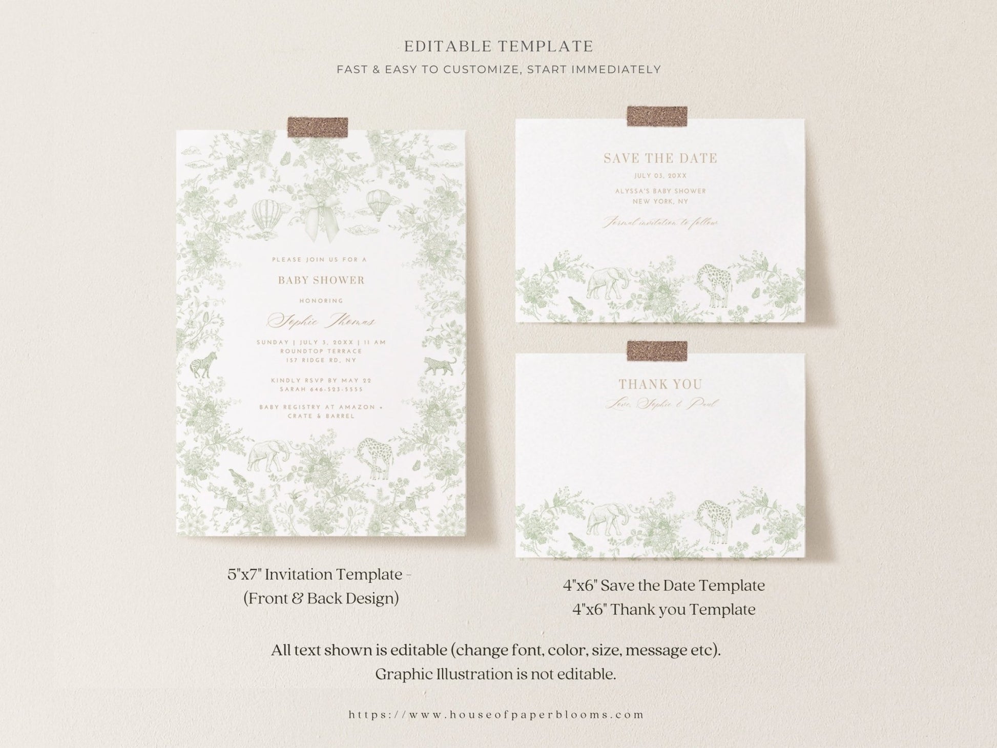 Sage Green Safari Toile Baby Shower Collection - House of Paper Blooms