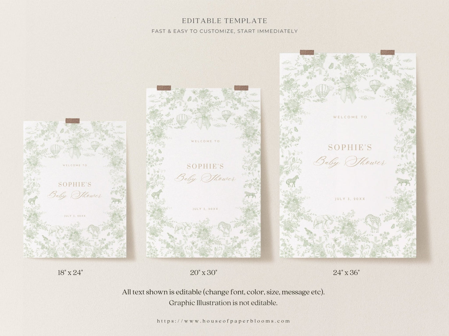 Sage Green Safari Toile Baby Shower Collection - House of Paper Blooms