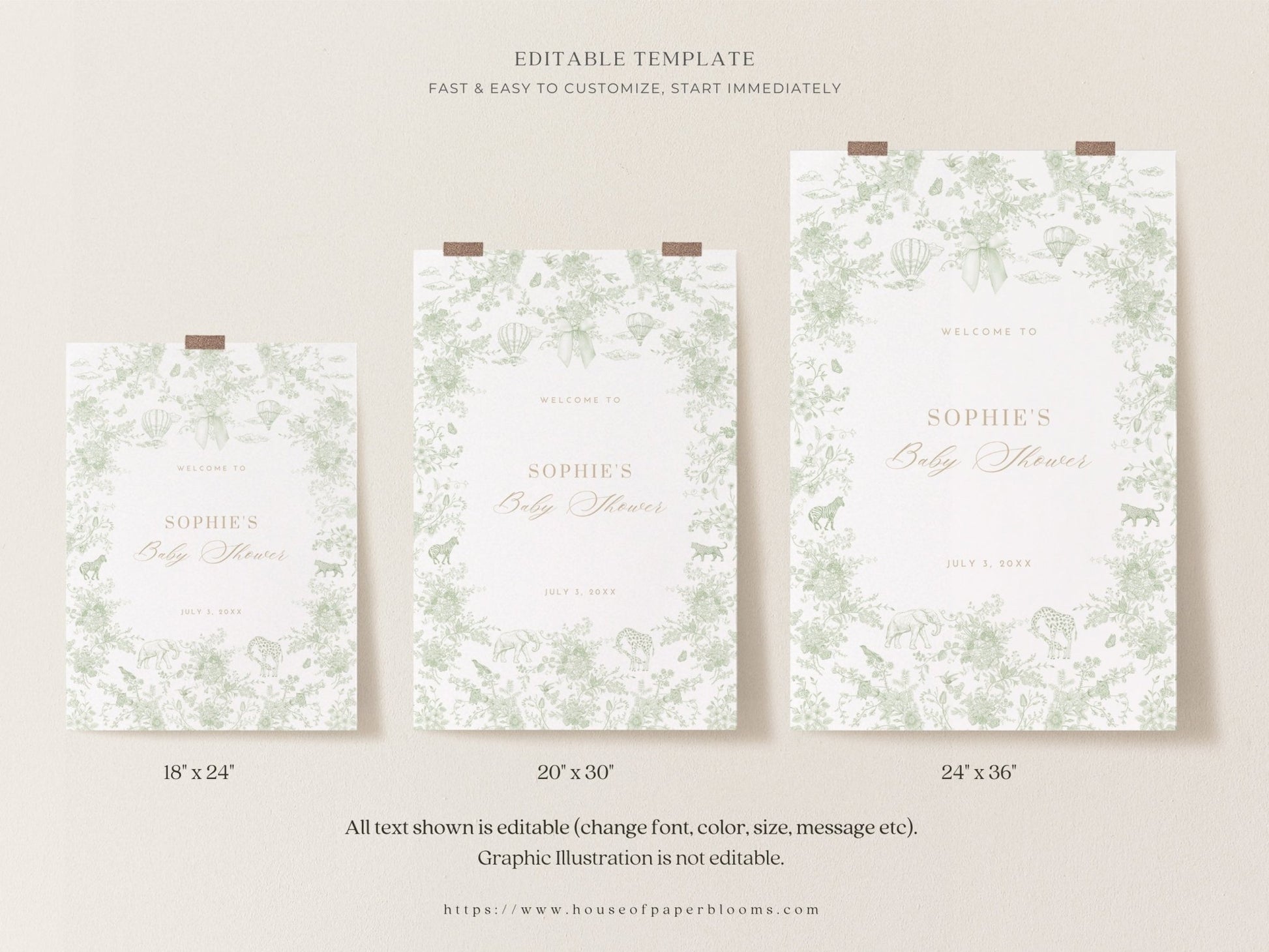 Sage Green Safari Toile Baby Shower Collection - House of Paper Blooms